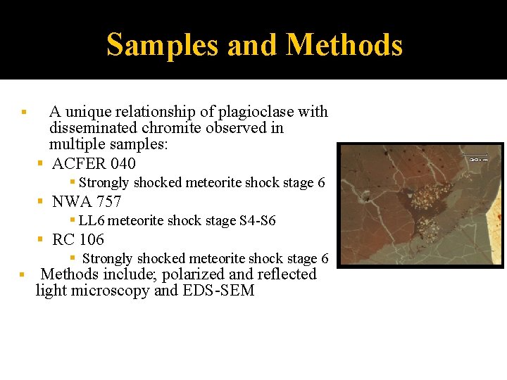 Samples and Methods A unique relationship of plagioclase with disseminated chromite observed in multiple