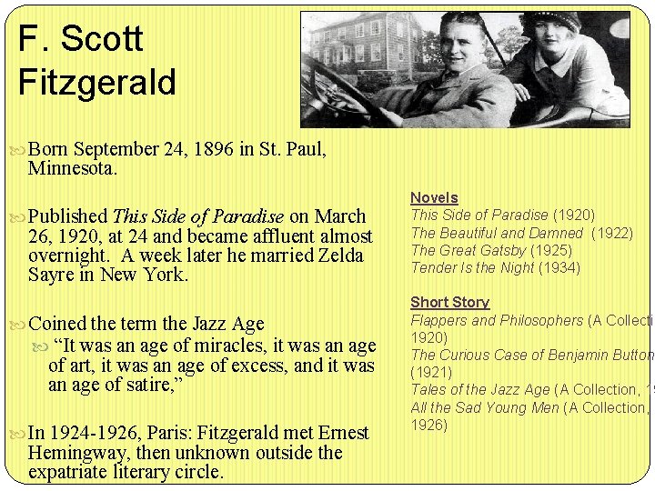 F. Scott Fitzgerald Born September 24, 1896 in St. Paul, Minnesota. Published This Side