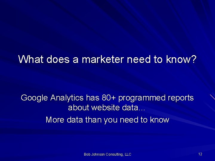 What does a marketer need to know? Google Analytics has 80+ programmed reports about