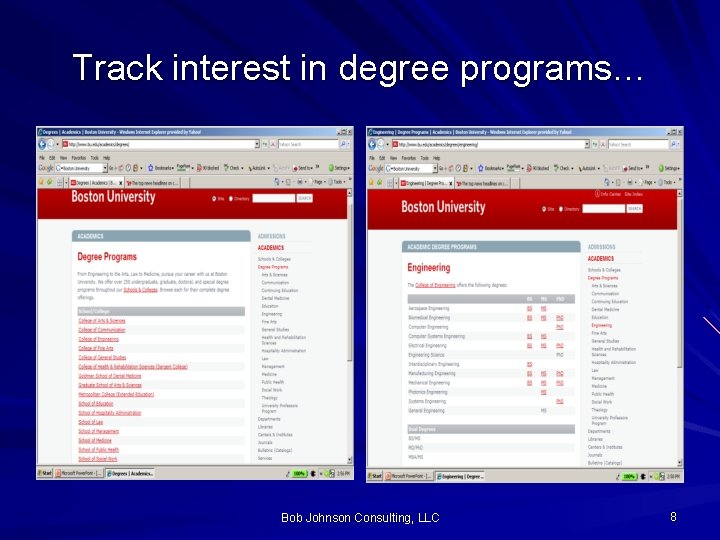 Track interest in degree programs… Bob Johnson Consulting, LLC 8 