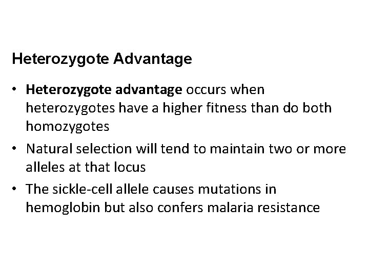 Heterozygote Advantage • Heterozygote advantage occurs when heterozygotes have a higher fitness than do