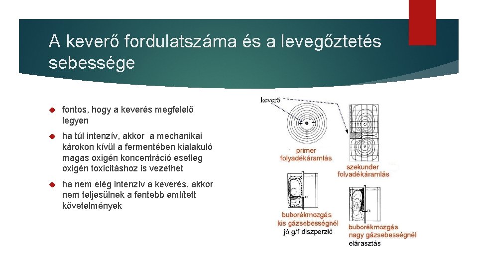 A keverő fordulatszáma és a levegőztetés sebessége fontos, hogy a keverés megfelelő legyen ha