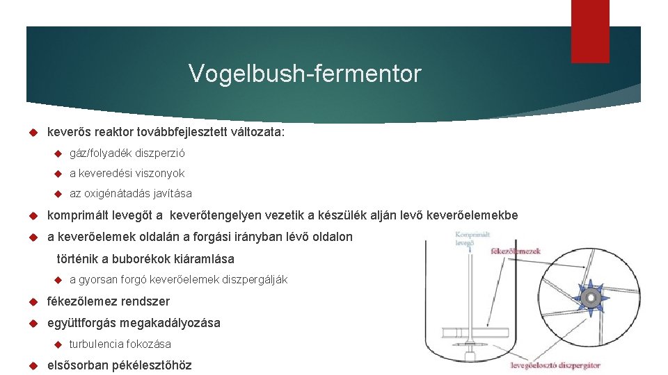 Vogelbush-fermentor keverős reaktor továbbfejlesztett változata: gáz/folyadék diszperzió a keveredési viszonyok az oxigénátadás javítása komprimált