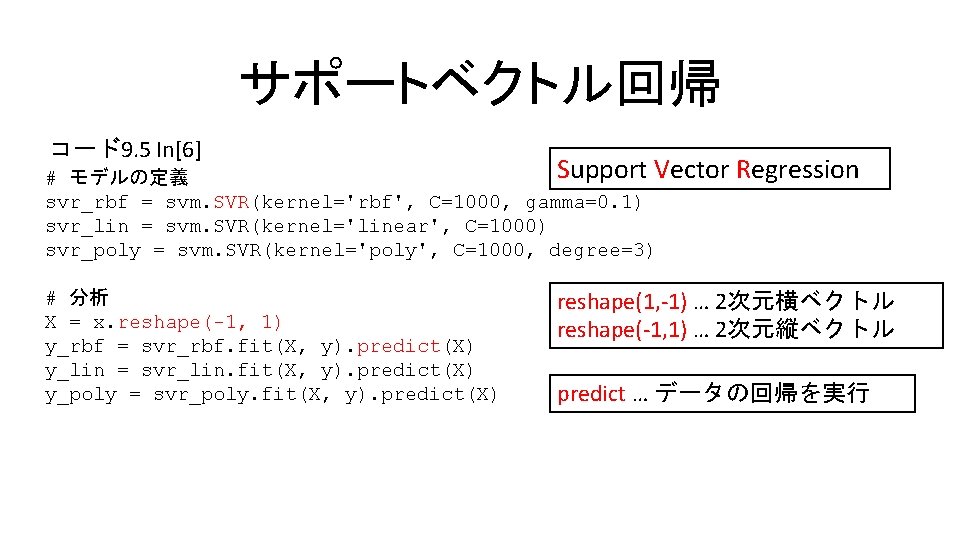 サポートベクトル回帰 コード9. 5 In[6] Support Vector # モデルの定義 svr_rbf = svm. SVR(kernel='rbf', C=1000, gamma=0.