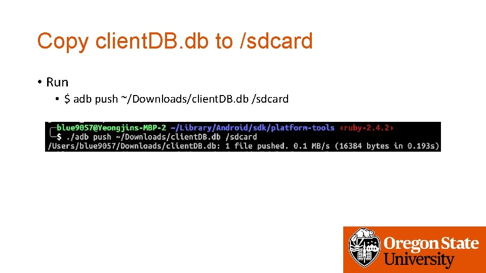 Copy client. DB. db to /sdcard • Run • $ adb push ~/Downloads/client. DB.