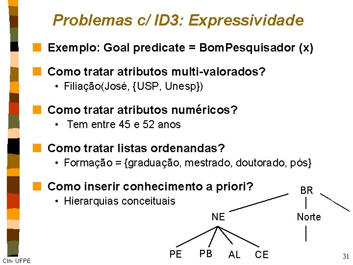 Problemas c/ ID 3: Expressividade n Exemplo: Goal predicate = Bom. Pesquisador (x) n
