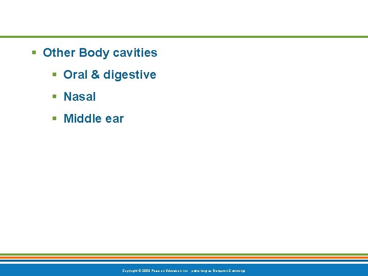 § Other Body cavities § Oral & digestive § Nasal § Middle ear Copyright