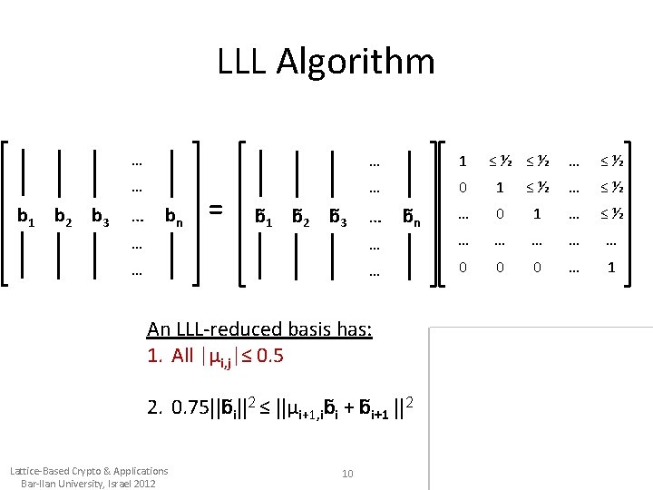 LLL Algorithm b 1 b 2 b 3 … … 1 … … 0