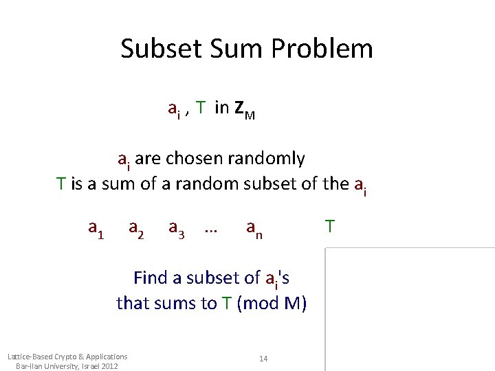 Subset Sum Problem ai , T in ZM ai are chosen randomly T is