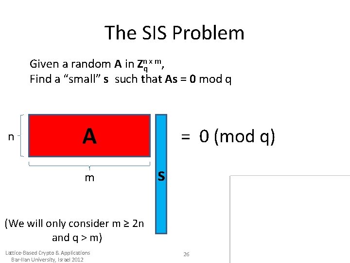 The SIS Problem Given a random A in Znq x m, Find a “small”