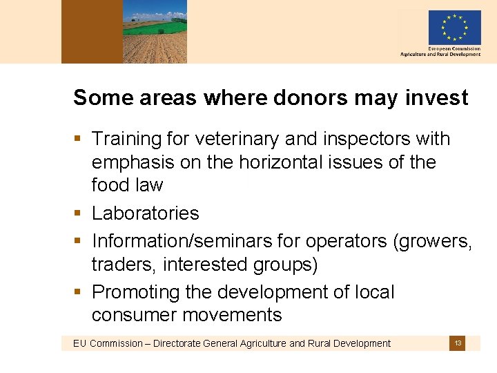 Some areas where donors may invest § Training for veterinary and inspectors with emphasis