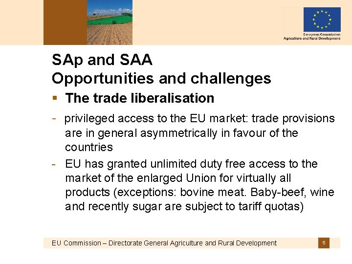 SAp and SAA Opportunities and challenges § The trade liberalisation - privileged access to