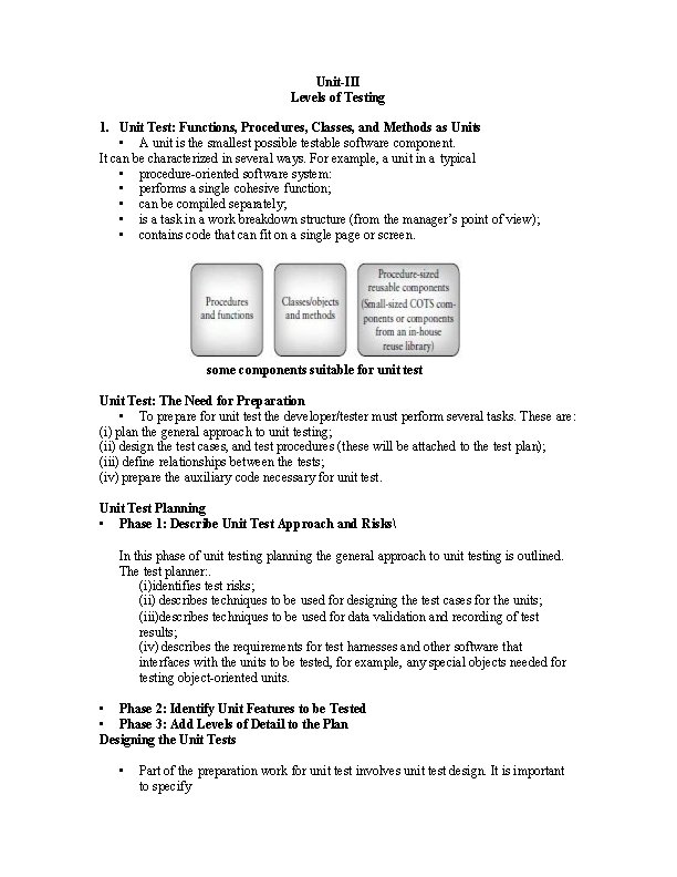 Unit-III Levels of Testing 1. Unit Test: Functions, Procedures, Classes, and Methods as Units