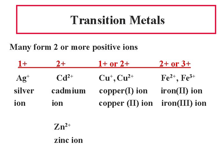 Transition Metals Many form 2 or more positive ions 1+ Ag+ silver ion 2+