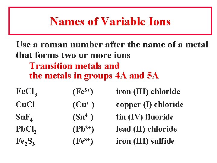 Names of Variable Ions Use a roman number after the name of a metal