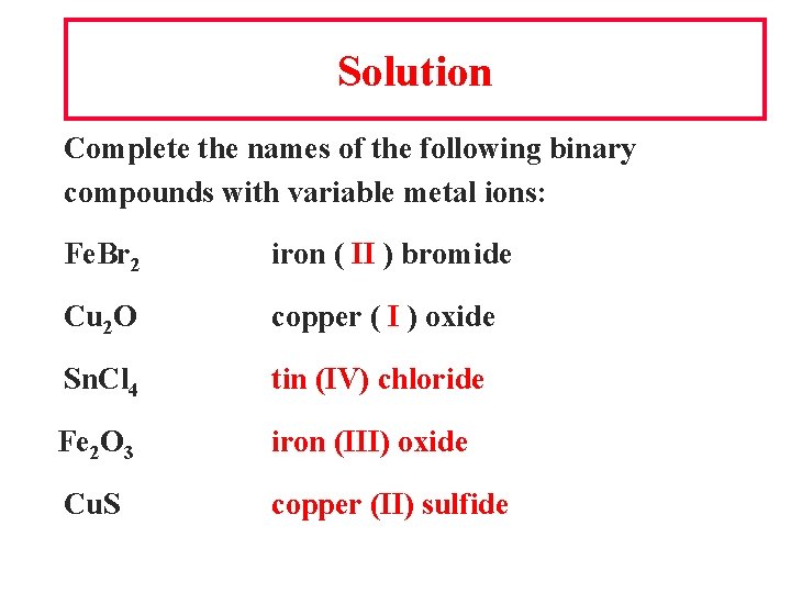 Solution Complete the names of the following binary compounds with variable metal ions: Fe.