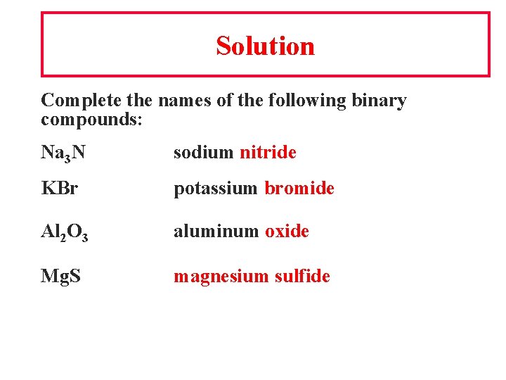 Solution Complete the names of the following binary compounds: Na 3 N sodium nitride