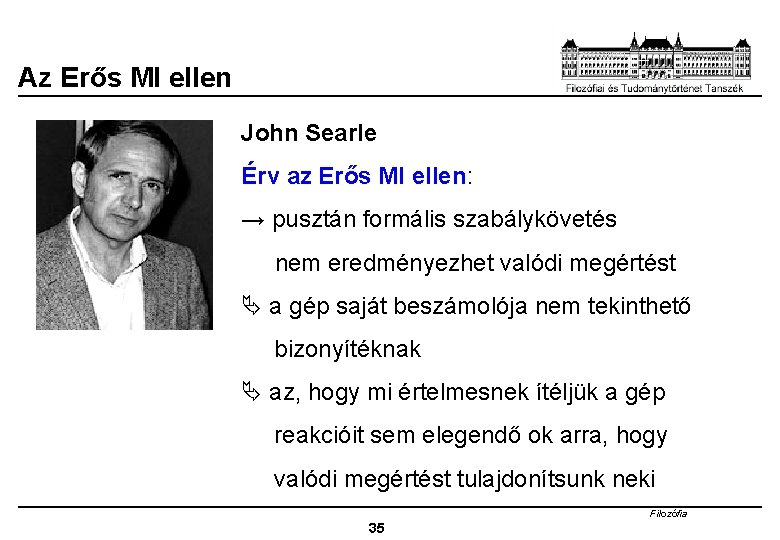 GONDOLKODÓ GÉPEK? Az Erős MI ellen John Searle Érv az Erős MI ellen: →