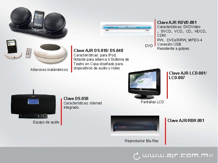 Clave AJR RDVD-001 DVD Clave AJR DS-010/ DS-040 Altavoces inalámbricos Características: DVDVideo 、SVCD、CD、HDCD、 CDR/