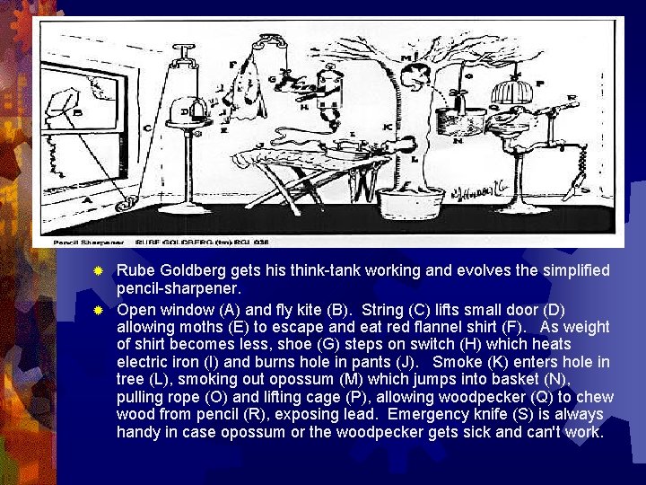 Rube Goldberg gets his think-tank working and evolves the simplified pencil-sharpener. ® Open window Rube Goldberg gets his think-tank working and evolves the simplified pencil-sharpener. ® Open window