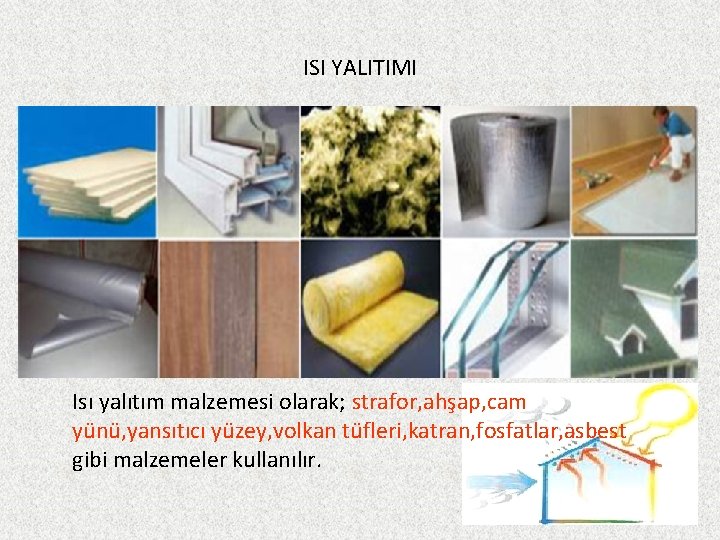 ISI YALITIMI Isı yalıtım malzemesi olarak; strafor, ahşap, cam yünü, yansıtıcı yüzey, volkan tüfleri,