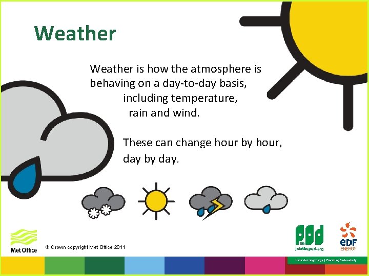 Weather is how the atmosphere is behaving on a day-to-day basis, including temperature, rain