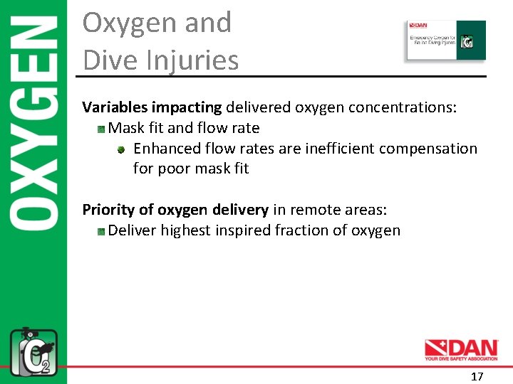 Oxygen and Dive Injuries Variables impacting delivered oxygen concentrations: Mask fit and flow rate