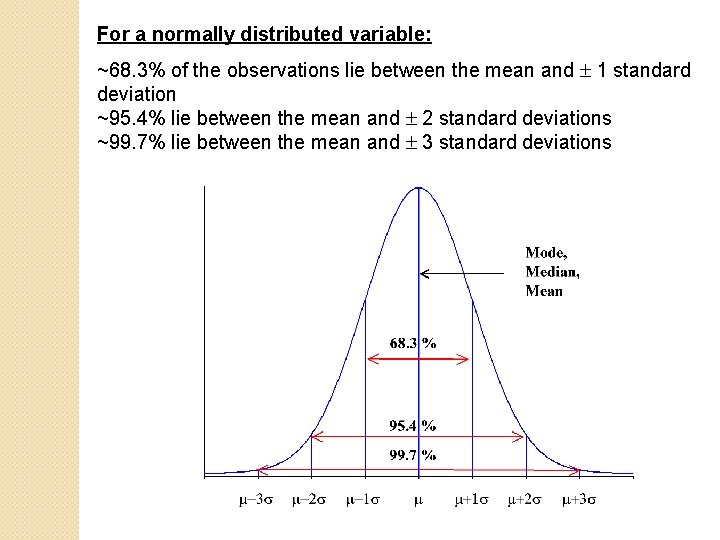 For a normally distributed variable: ~68. 3% of the observations lie between the mean