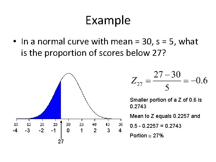 Example • In a normal curve with mean = 30, s = 5, what