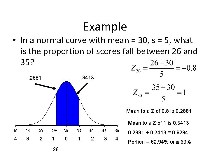 Example • In a normal curve with mean = 30, s = 5, what