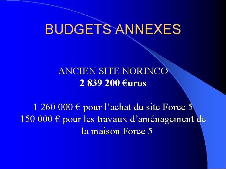 BUDGETS ANNEXES ANCIEN SITE NORINCO 2 839 200 €uros 1 260 000 € pour