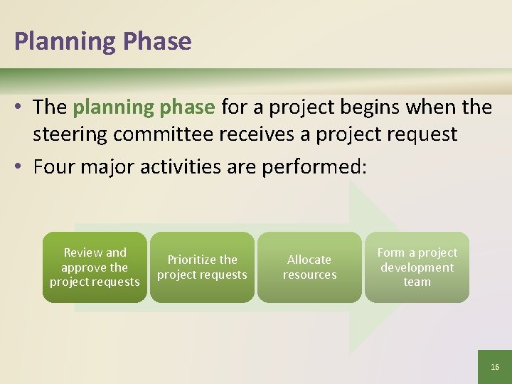 Planning Phase • The planning phase for a project begins when the steering committee