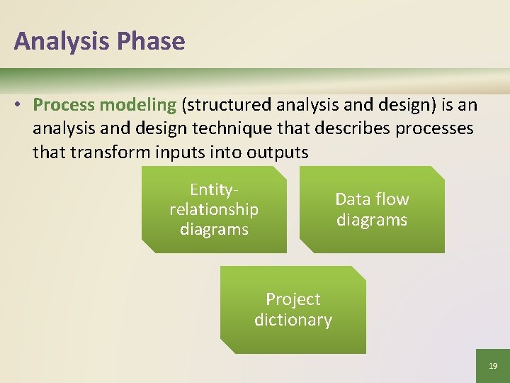 Analysis Phase • Process modeling (structured analysis and design) is an analysis and design