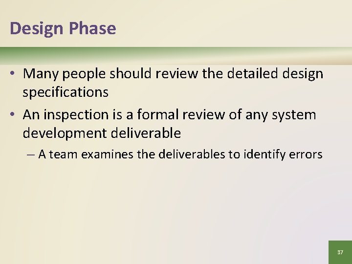 Design Phase • Many people should review the detailed design specifications • An inspection