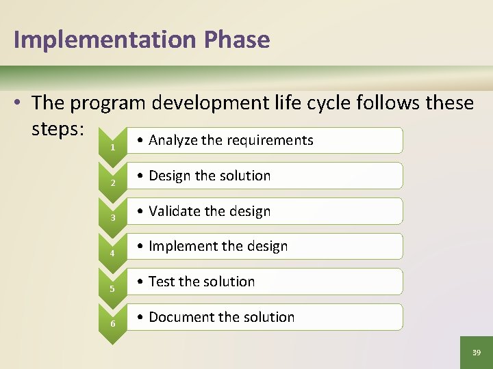 Implementation Phase • The program development life cycle follows these steps: • Analyze the