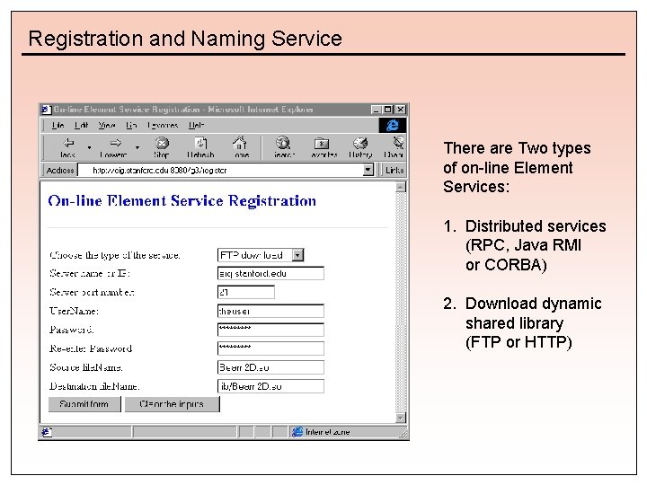 Registration and Naming Service There are Two types of on-line Element Services: 1. Distributed