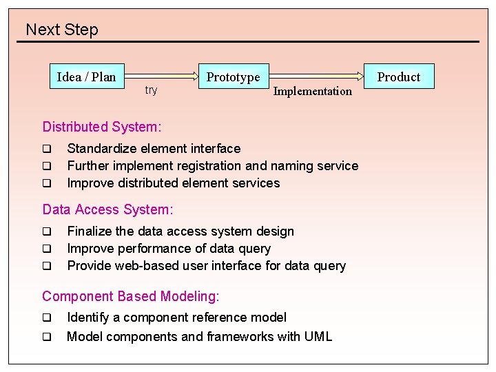 Next Step Idea / Plan try Prototype Implementation Distributed System: q q q Standardize