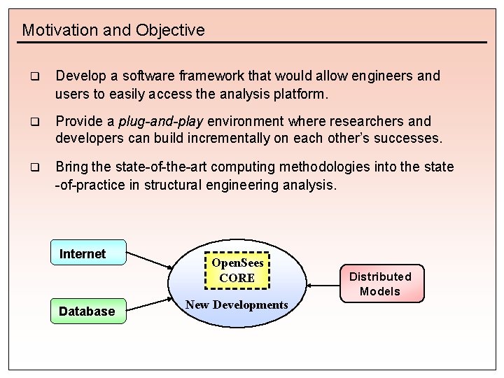 Motivation and Objective q Develop a software framework that would allow engineers and users