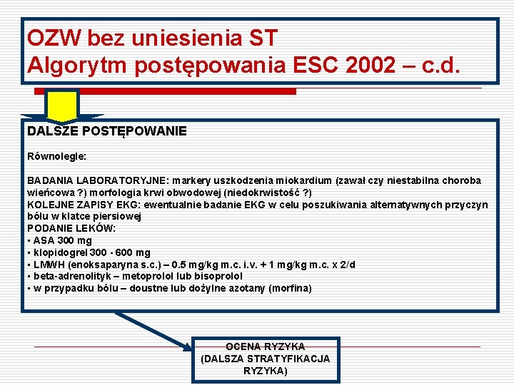 OZW bez uniesienia ST Algorytm postępowania ESC 2002 – c. d. DALSZE POSTĘPOWANIE Równolegle: