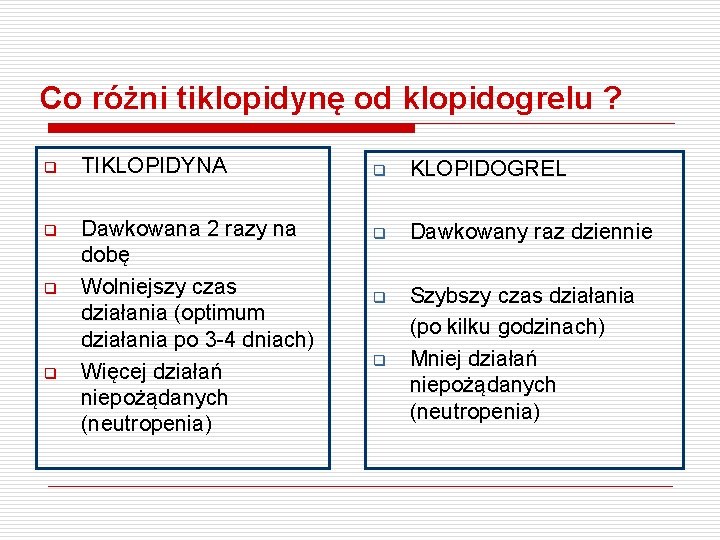 Co różni tiklopidynę od klopidogrelu ? q TIKLOPIDYNA q Dawkowana 2 razy na dobę