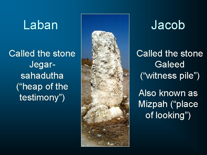 Laban Jacob Called the stone Jegarsahadutha (“heap of the testimony”) Called the stone Galeed