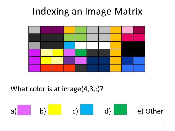 Indexing an Image Matrix What color is at image(4, 3, : )? a) b)