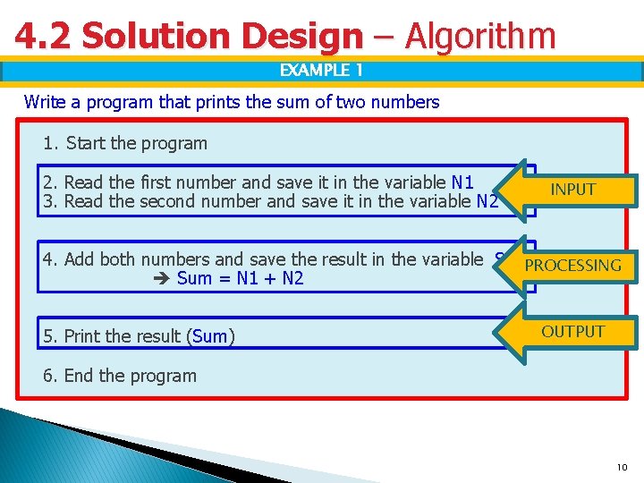 4. 2 Solution Design – Algorithm EXAMPLE 1 Write a program that prints the