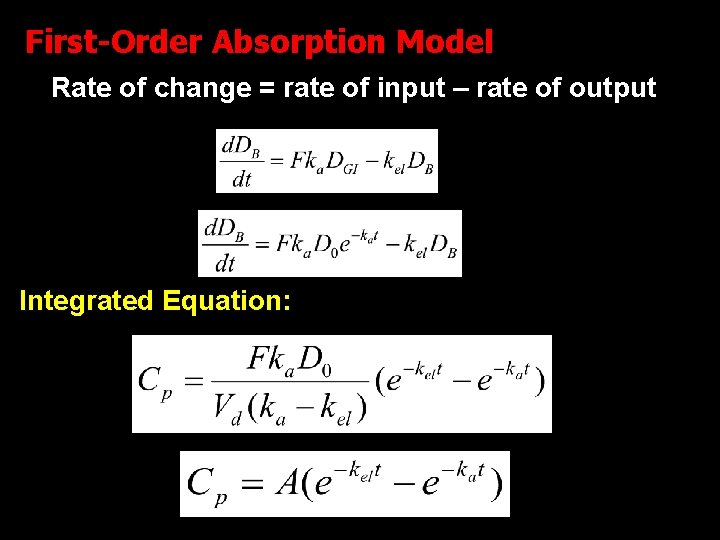 First-Order Absorption Model Rate of change = rate of input – rate of output