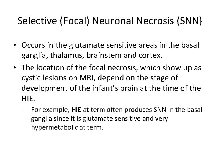 Selective (Focal) Neuronal Necrosis (SNN) • Occurs in the glutamate sensitive areas in the