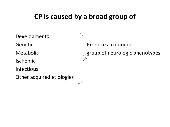 CP is caused by a broad group of Developmental Genetic Metabolic Ischemic Infectious Other