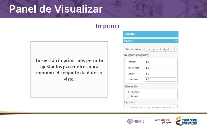 Panel de Visualizar Imprimir La sección imprimir nos permite ajustar los parámetros para imprimir
