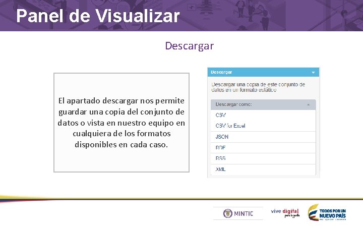 Panel de Visualizar Descargar El apartado descargar nos permite guardar una copia del conjunto