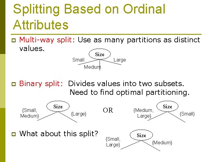 Splitting Based on Ordinal Attributes p Multi-way split: Use as many partitions as distinct