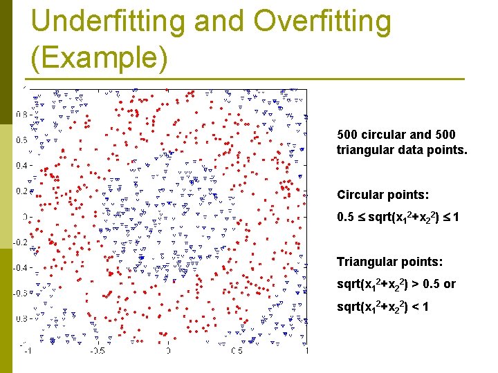 Underfitting and Overfitting (Example) 500 circular and 500 triangular data points. Circular points: 0.